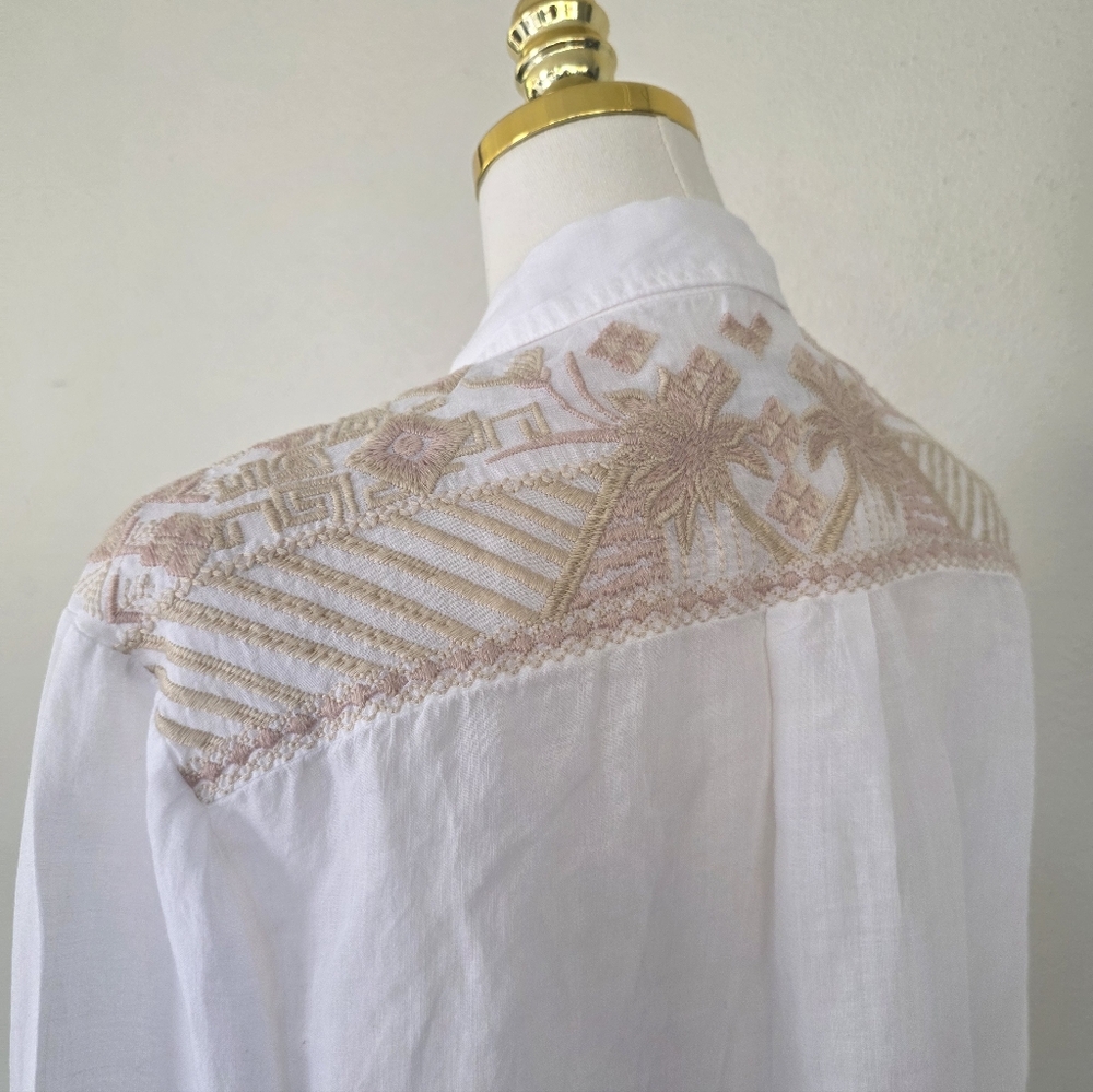 Johnny Was Talia Embroidered Ramie Blouse White Tonal Boho Bell Sleeve S - Picture 7 of 16